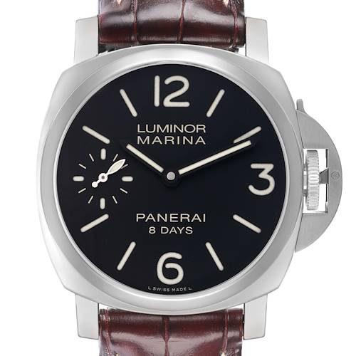 The Panerai Luminor OP6937 Men's Stainless Steel Black Dial watch is shown from a frontal angle, highlighting the dial, case, and crown guard.