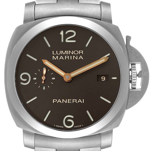 The image shows a front view of the Panerai Luminor PAM00352 Men's Titanium Brown Dial PAM00352 Men's Titanium Brown Dial watch, highlighting its face, dial, and crown protector.