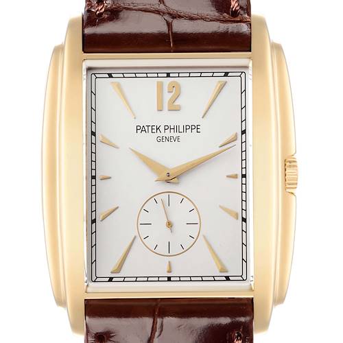 The Patek Philippe Gondolo 5124 Men's Yellow Gold Silver Dial watch is shown from the front, highlighting its rectangular dial, gold hands, and brown leather strap.