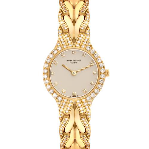 The image shows a front view of the Patek Philippe La Flamme  4816/3J Women's Yellow Gold Beige Dial 4816/3J Women's Yellow Gold Beige Dialmodel, highlighting the watch dial, bezel, and bracelet.