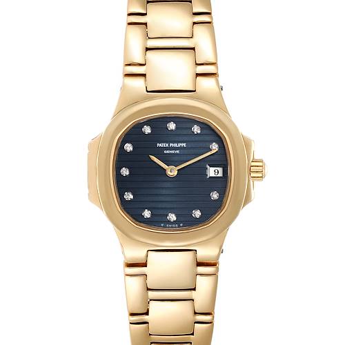 This is a front view of a Patek Philippe Nautilus 4700 Women's Yellow Gold Blue Dial 4700 Women's Yellow Gold Blue Dial watch, showcasing its gold bracelet, blue dial, and diamond hour markers.