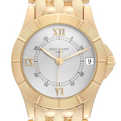 This image showcases the front of a Patek Philippe Neptune 5081/1J-001 Men's Yellow Gold Silver Dial 5081/1J-001 Men's Yellow Gold Silver Dial model watch, highlighting the dial, hands, and date window.
