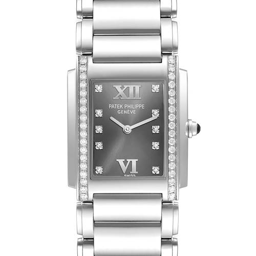 The image shows a frontal view of a Patek Philippe Twenty-4 4910 Women's Stainless Steel Grey Dial 4910 Women's Stainless Steel Grey Dial watch, featuring a rectangular dial and metal bracelet.