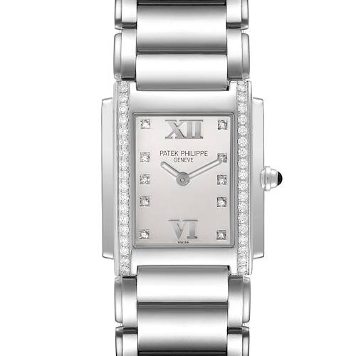 The image shows a front view of the Patek Philippe Twenty-4 4910/10A-011 Women's Stainless Steel Silver Dial 4910/10A-011 Women's Stainless Steel Silver Dial watch, highlighting the face, bezel, and part of the bracelet.