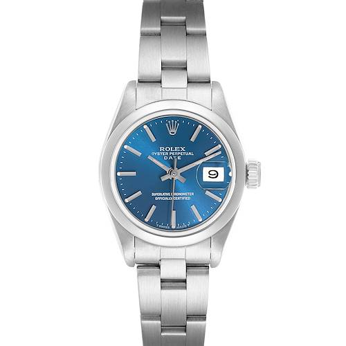 The Rolex Date 69160 Women's Stainless Steel Blue Dial model watch is shown from a top-down angle, displaying the blue dial, bracelet, date window, and crown.