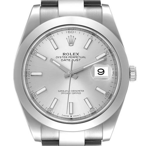The image shows a front view of a Rolex Datejust 41 126300 Men's Stainless Steel Silver Dial 126300 Men's Stainless Steel Silver Dial, displaying its dial, hour markers, hands, date window, and part of the bracelet.