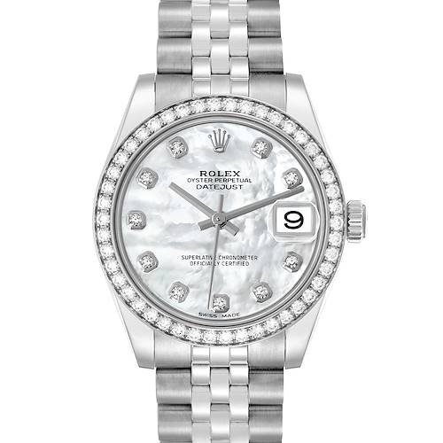 The image shows a front view of a Rolex Datejust Mid-Size watch, highlighting the dial, bezel, and bracelet.