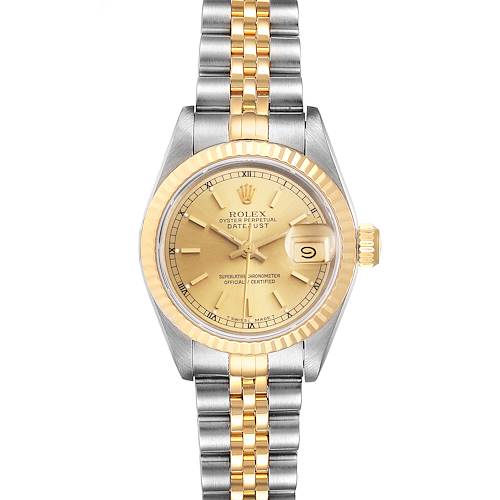 This image shows a front view of a Rolex Datejust 69173 Women's Steel and Gold (two tone) Champagne Dial 69173 Women's Steel and Gold (two tone) Champagne Dial watch, featuring a gold and silver dial with a date display and a two-tone bracelet.