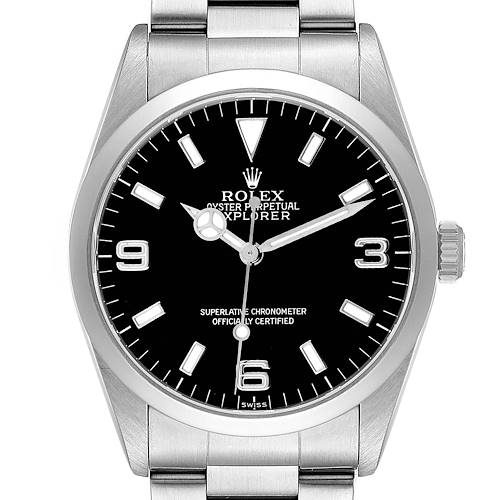 The image shows a frontal view of the Rolex Explorer 14270 Men's Stainless Steel Black Dial watch, highlighting the dial, bezel, and part of the bracelet.