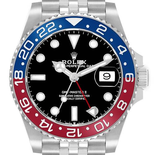 The Rolex GMT-Master 126710 Men's Stainless Steel Black Dial II is shown from the front, highlighting its bezel, dial, and bracelet.
