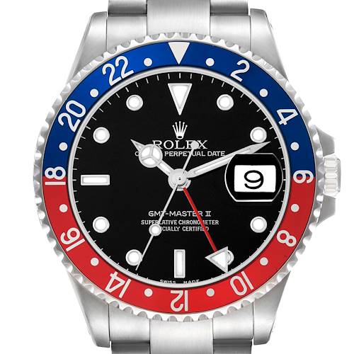 The Rolex GMT-Master 16710 Men's Stainless Steel Black Dial watch is shown from the front, displaying the dial, bezel, date, and part of the bracelet.