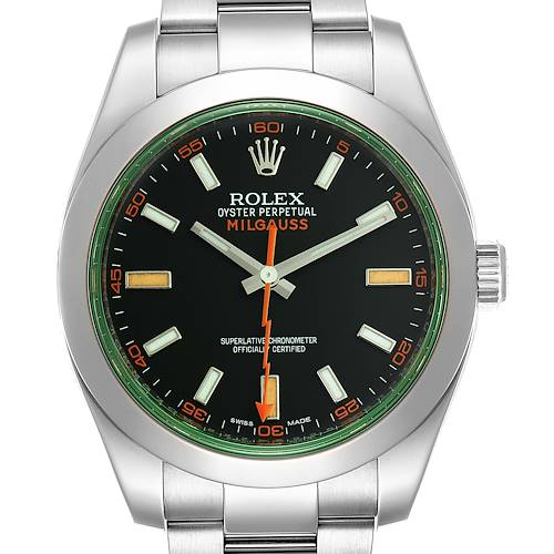 The image shows a front view of a Rolex Milgauss 116400GV Men's Stainless Steel Black Dial 116400GV Men's Stainless Steel Black Dial watch, highlighting the dial, bezel, crown, and part of the bracelet.
