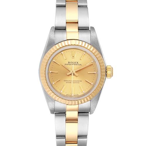 This image shows a Rolex Datejust 76193 Women's Steel and Gold (two tone) Champagne Dial 76193 Women's Steel and Gold (two tone) Champagne Dial watch from the front, displaying its face, bezel, crown, and bracelet.