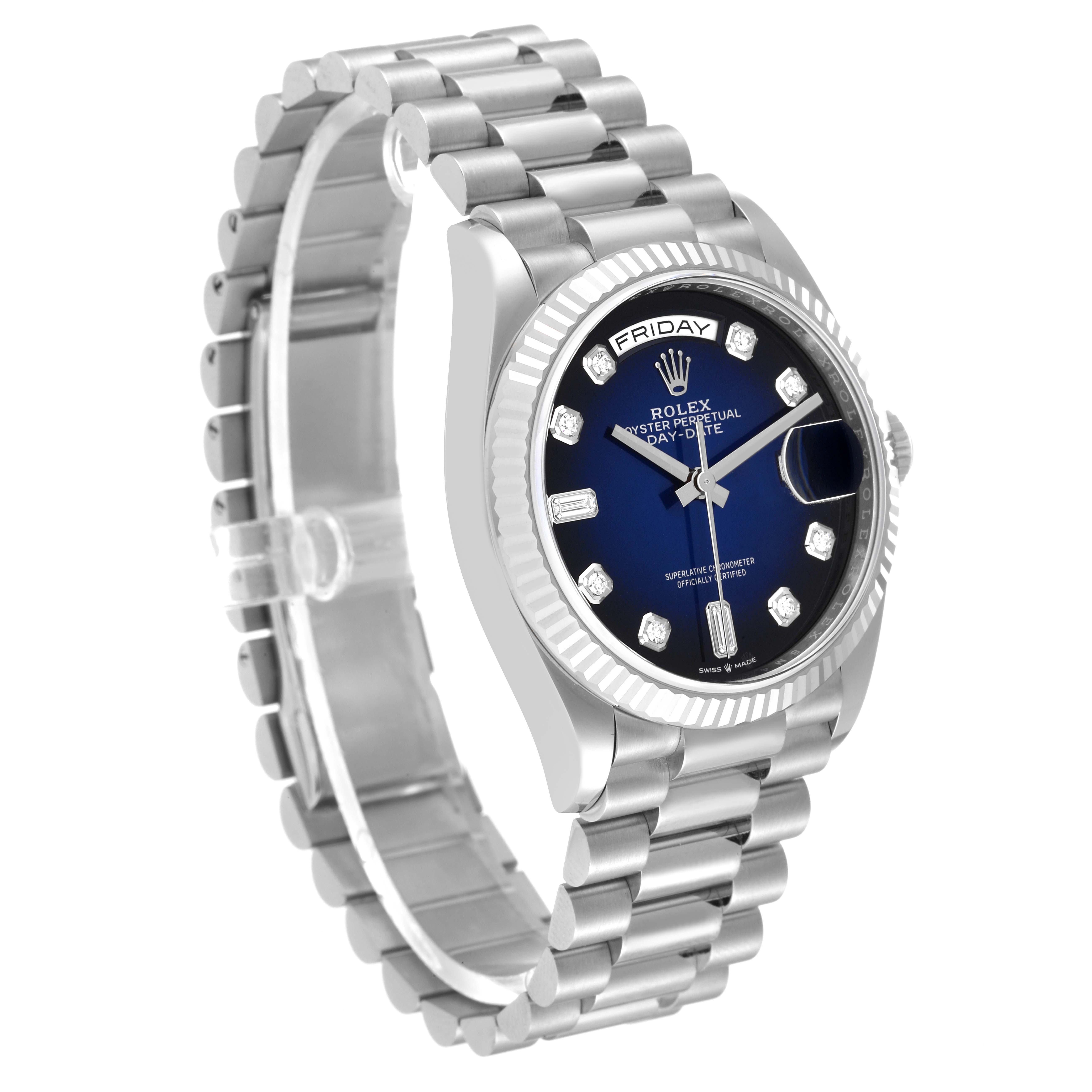 The Rolex President 128239 Men's White Gold Blue Dial 128239 Men's White Gold Blue Dial model is shown at a three-quarter angle, highlighting its bracelet, crown, and dial with date display.