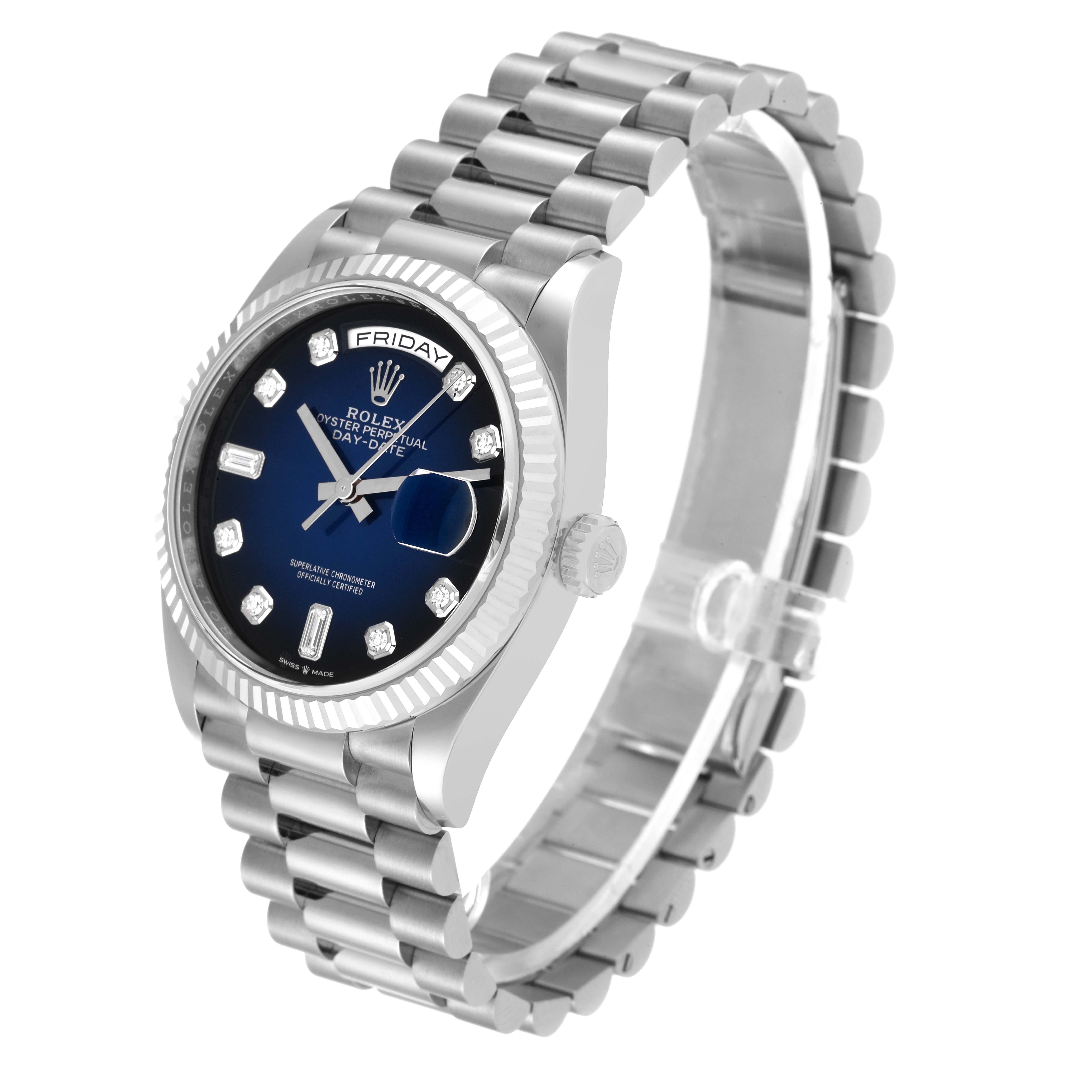 This image shows a Rolex President 128239 Men's White Gold Blue Dial 128239 Men's White Gold Blue Dial model watch from an angled top-right perspective, highlighting the dial, bezel, and bracelet.