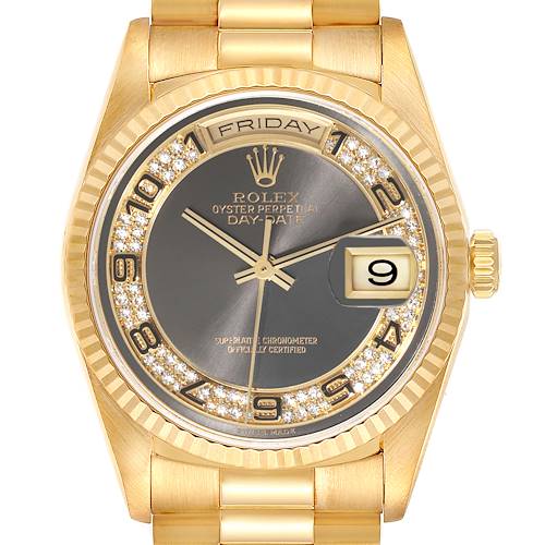 This image shows a front view of a Rolex President 18238 Men's Yellow Gold Grey Dial 18238 Men's Yellow Gold Grey Dial model watch, highlighting the face, bezel, day/date windows, and part of the bracelet.