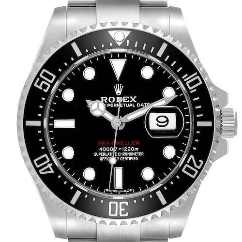 The Rolex Sea-Dweller 126600 Men's Stainless Steel Black Dial is shown from a front angle, displaying the dial, bezel, and part of the bracelet.