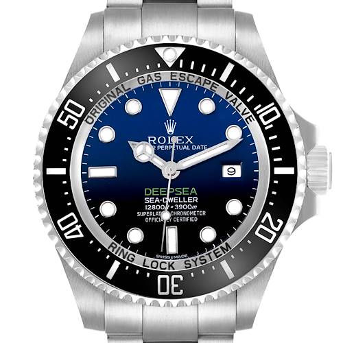 The Rolex Sea-Dweller 116660 Men's Stainless Steel Blue Dial watch is shown from a front angle, highlighting the dial, bezel, and part of the bracelet.