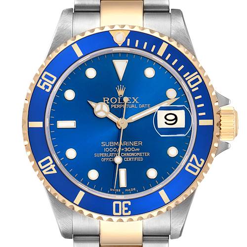 The Rolex Submariner 16613 Men's Steel and Gold (two tone) Blue Dial watch is shown from a front angle, displaying its blue dial, gold bezel, and two-tone bracelet.
