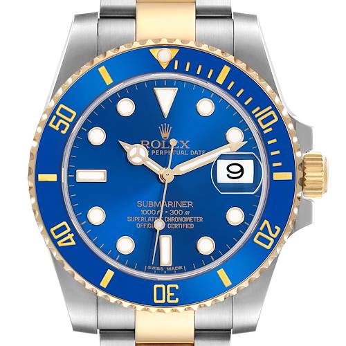 The Rolex Submariner 116613 Men's Steel and Gold (two tone) Blue Dial watch is shown from the front, displaying the blue dial, rotating bezel, and bracelet.