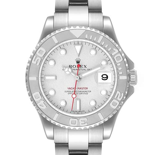 This Rolex Yacht-Master 168622 Men's Stainless Steel Silver Dial 168622 Men's Stainless Steel Silver Dial watch is shown from a top-down angle, displaying the dial, bezel, and bracelet.