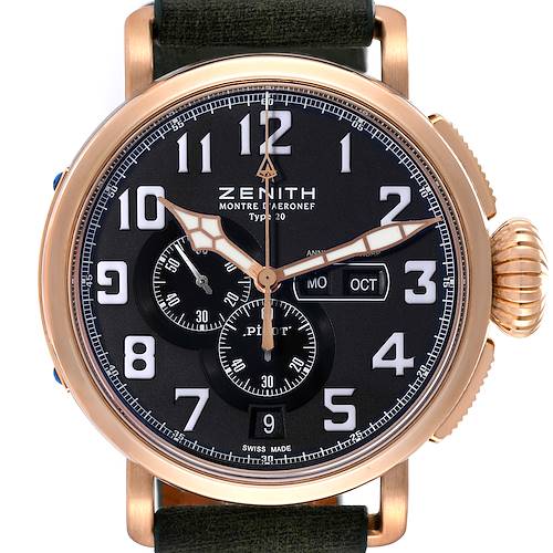 The image shows a front view of a Zenith Pilot 87.2430.4054 Men's Titanium Grey Dial 87.2430.4054 Men's Titanium Grey Dial Montre d’Aéronef Type 20 watch, displaying the dial, subdials, and crown.