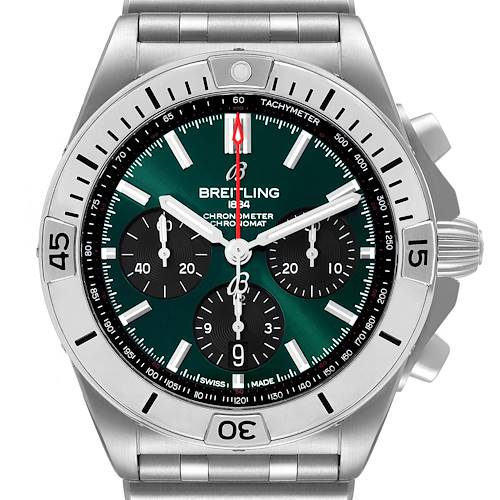 The image shows a front view of a Breitling Chronomat AB01343A1L1A1 Men's Stainless Steel Green Dial AB01343A1L1A1 Men's Stainless Steel Green Dial watch, highlighting its green dial, subdials, and tachymeter scale.