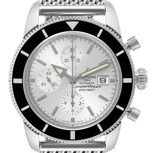 The image shows a close-up, frontal view of the Breitling Superocean A13320 Men's Stainless Steel Silver Dial A13320 Men's Stainless Steel Silver Dial watch, highlighting the bezel, dial, hands, and crown.