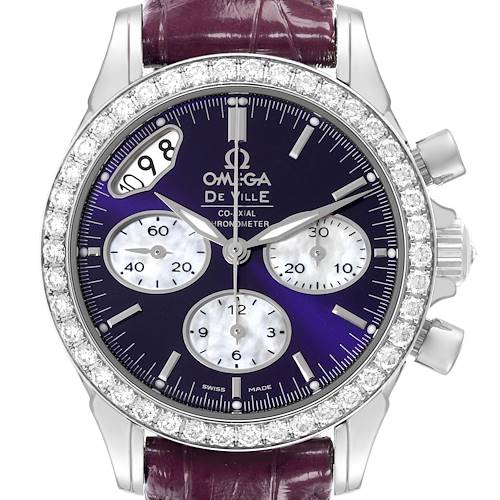 The image shows a front angle of the Omega 422.18.35.50.10.001 Women's Stainless Steel Purple Dial 422.18.35.50.10.001 Women's Stainless Steel Purple Dial DeVille CoAxial Ladies Watch, highlighting the purple dial, diamond bezel, and chronograph sub-dials.
