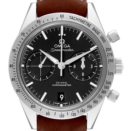 The image shows a frontal view of an Omega Speedmaster 331.12.42.51.01.001 Men's Stainless Steel Black Dial 331.12.42.51.01.001 Men's Stainless Steel Black Dial watch, displaying the dial, sub-dials, crown, and tachymeter bezel.