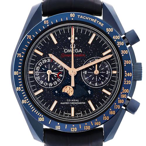 This image shows a frontal view of an Omega Speedmaster 304.93.44.52.03.002 Men's Ceramic Blue Dial 304.93.44.52.03.002 Men's Ceramic Blue Dial watch, highlighting the dial, subdials, and tachymeter bezel.