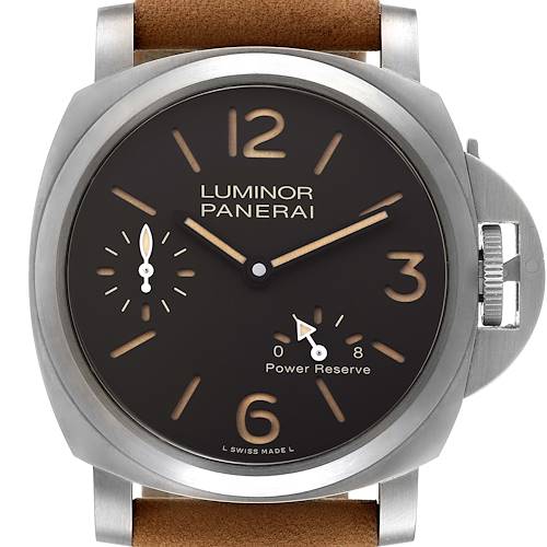 The image shows a front view of the Panerai Luminor PAM00797 Men's Titanium Brown Dial PAM00797 Men's Titanium Brown Dial watch, detailing the dial, hands, crown guard, and part of the leather strap.
