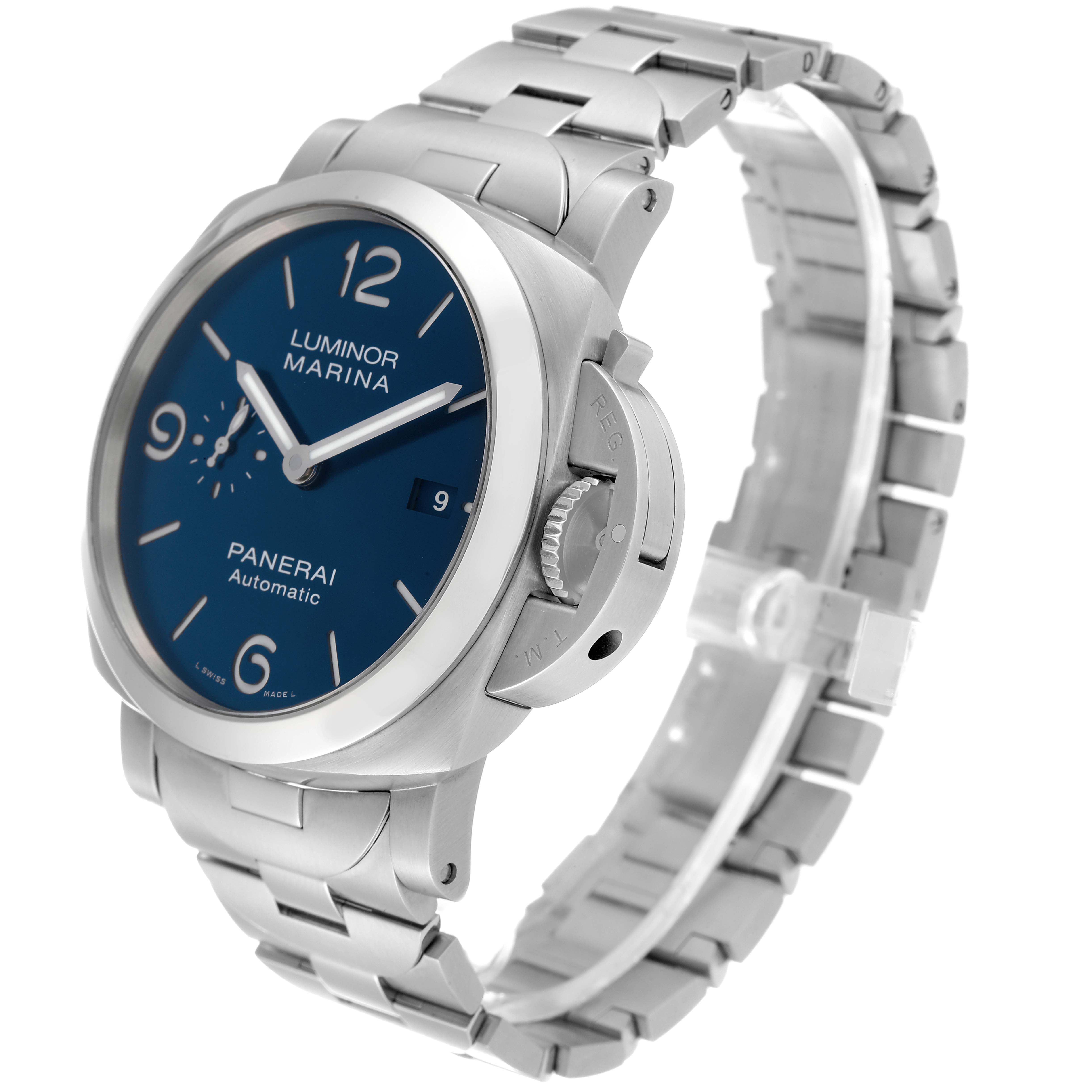 The image shows a Panerai Luminor PAM01316 Men's Stainless Steel Blue Dial PAM01316 Men's Stainless Steel Blue Dial Marina watch at a three-quarter angle, highlighting its stainless steel case, bracelet, and blue dial.