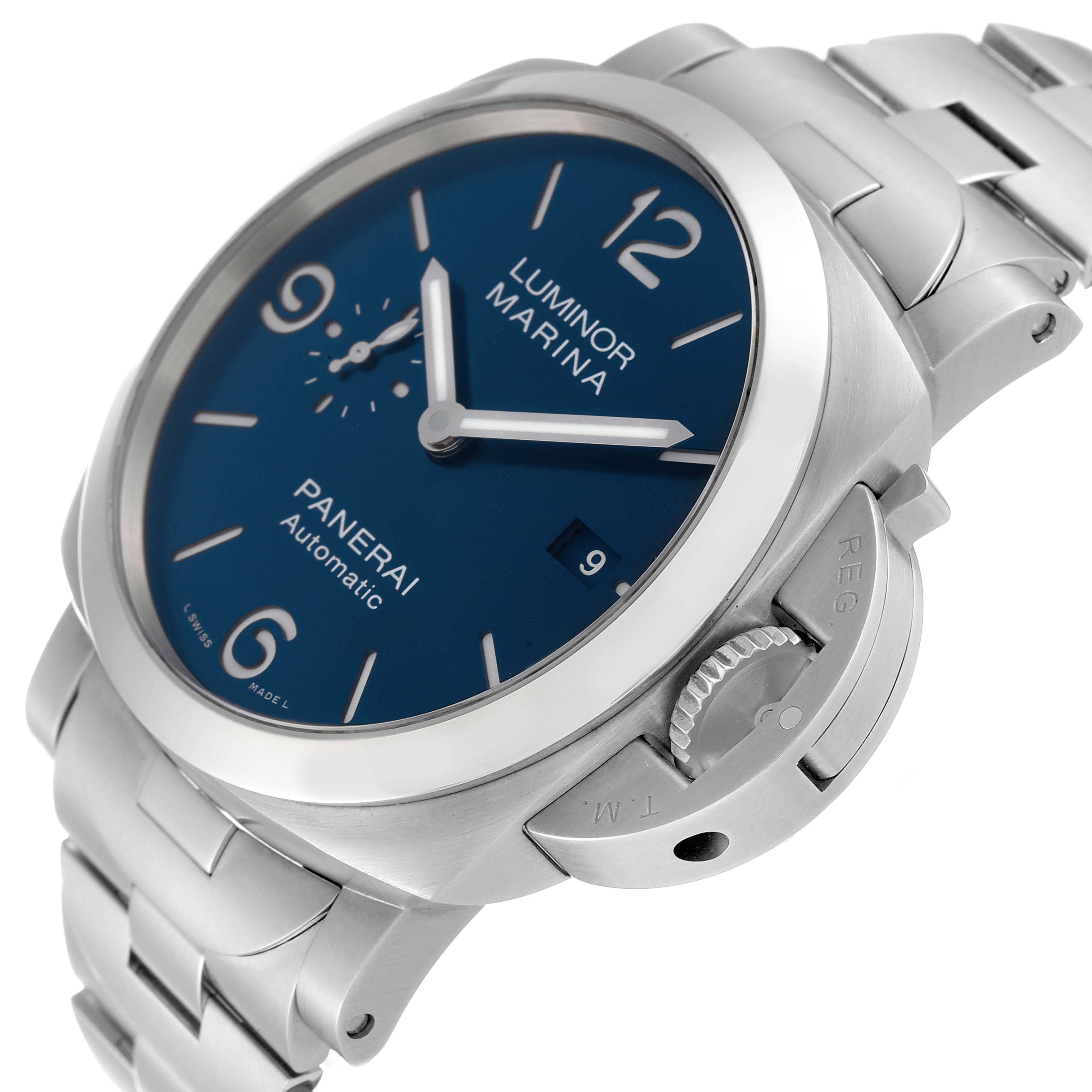The image shows a close-up, angled view of the Panerai Luminor PAM01316 Men's Stainless Steel Blue Dial PAM01316 Men's Stainless Steel Blue Dial Marina watch, highlighting the dial, crown, and bracelet.