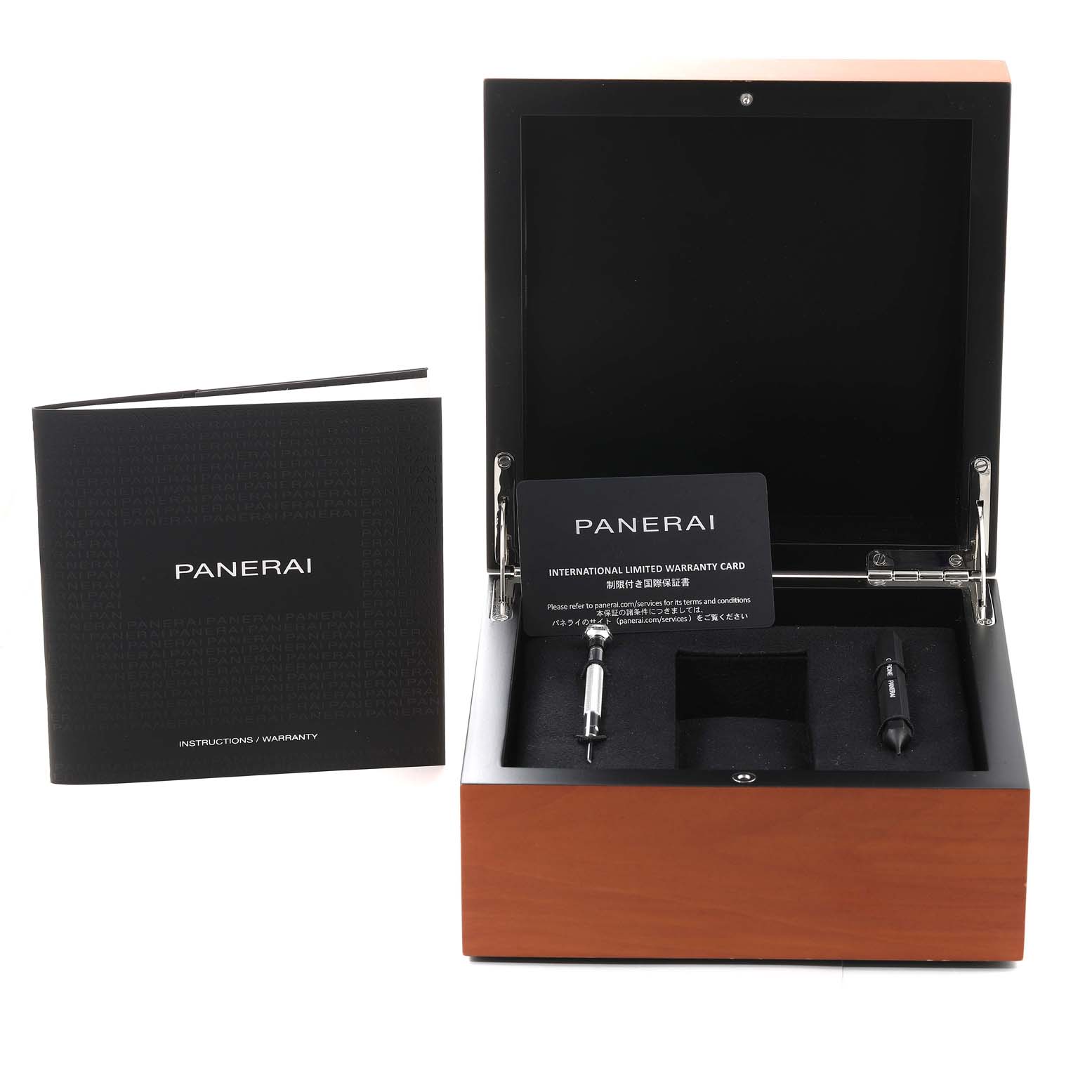 The image shows a Panerai Luminor PAM01316 Men's Stainless Steel Blue Dial PAM01316 Men's Stainless Steel Blue Dial watch box, warranty card, and instruction manual from a straight-on angle.