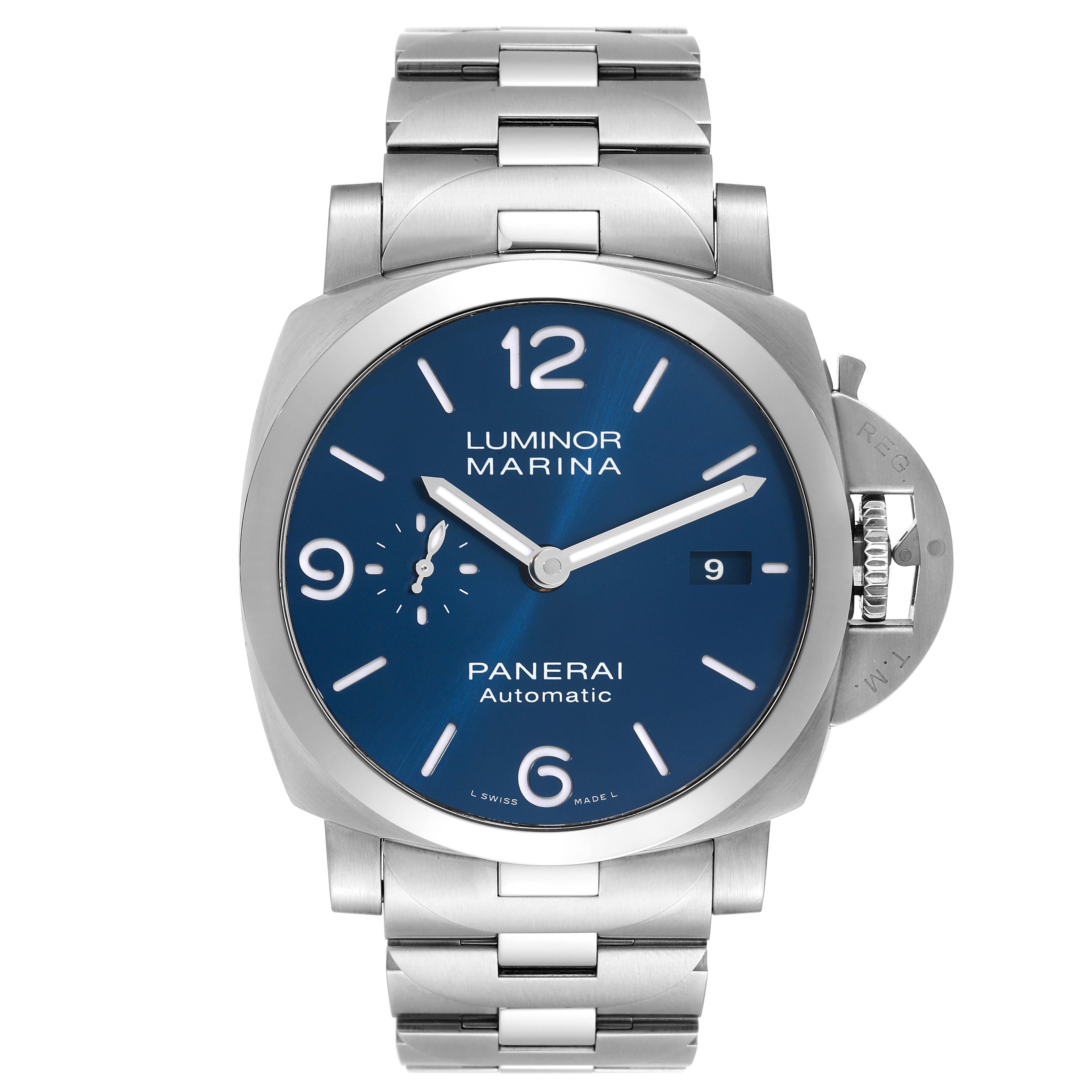 This image shows a frontal view of a Panerai Luminor PAM01316 Men's Stainless Steel Blue Dial PAM01316 Men's Stainless Steel Blue Dial Marina watch with a blue dial and stainless steel bracelet.