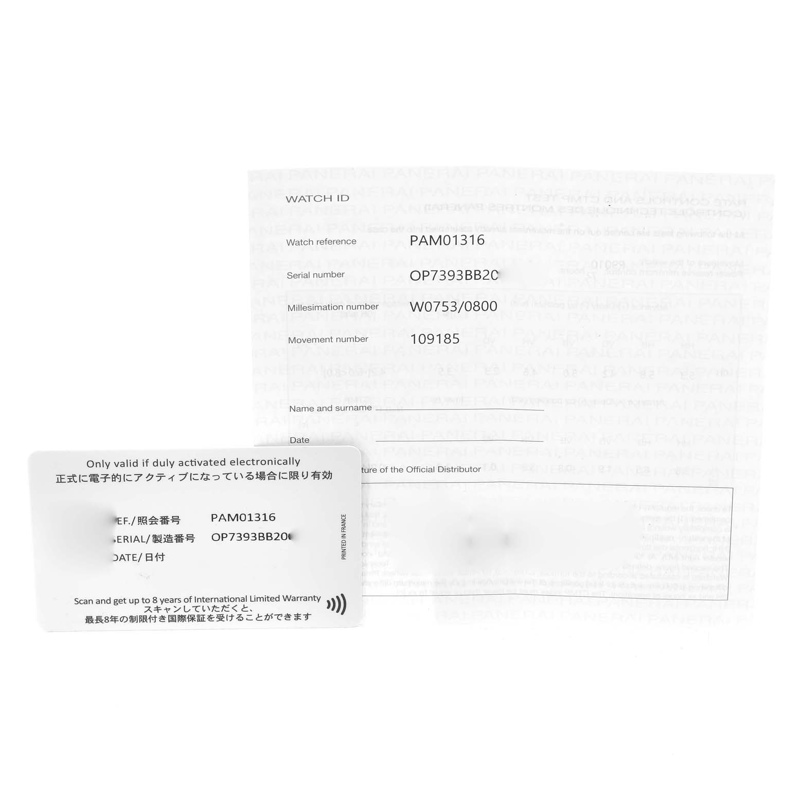 The image shows the warranty card and certificate for the Panerai Luminor PAM01316 Men's Stainless Steel Blue Dial PAM01316 Men's Stainless Steel Blue Dial model PAM01316.