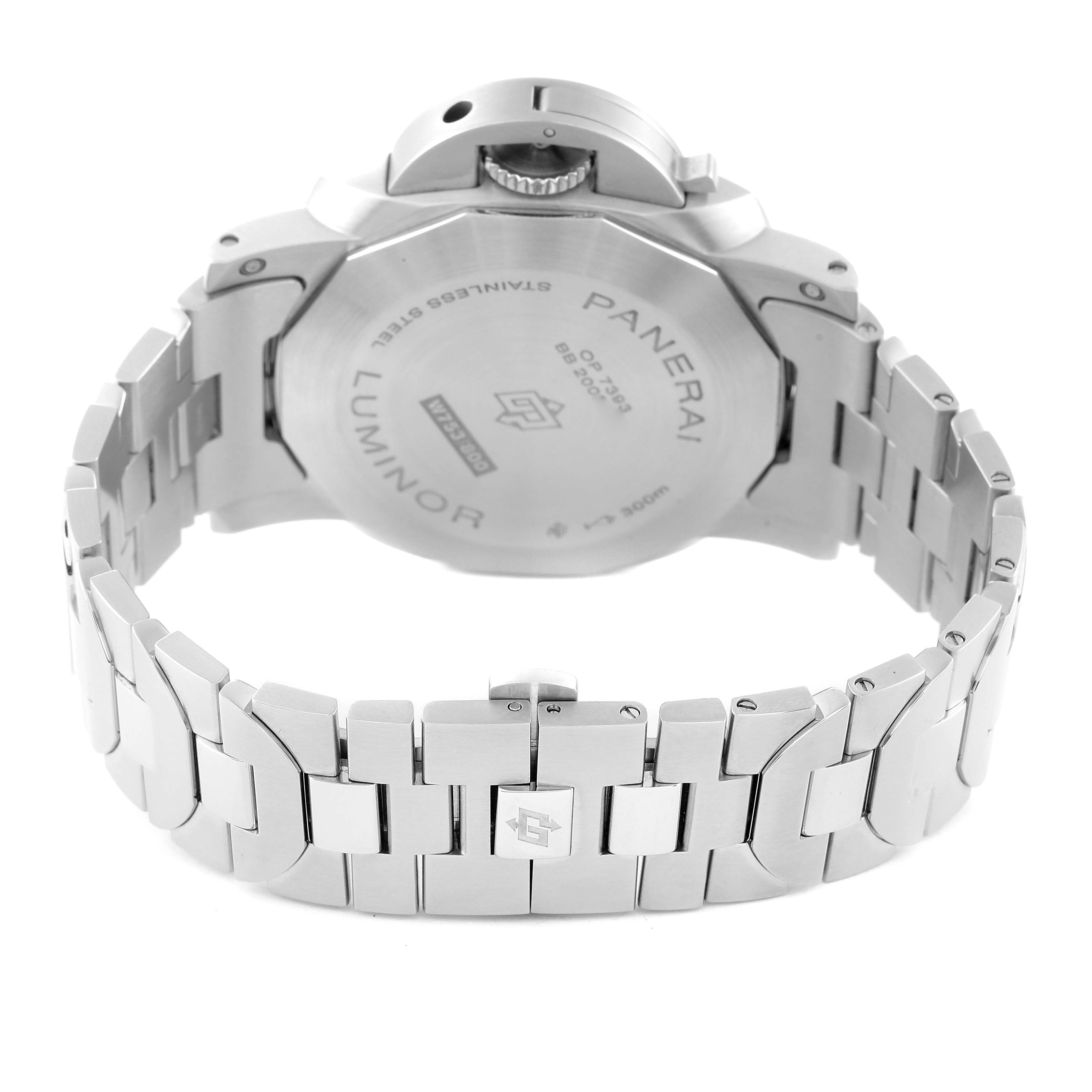 The image shows the back view of a Panerai Luminor PAM01316 Men's Stainless Steel Blue Dial PAM01316 Men's Stainless Steel Blue Dial watch, highlighting its stainless steel case and bracelet.