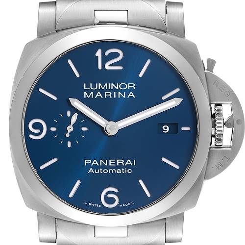 The image shows a front view of the Panerai Luminor PAM01316 Men's Stainless Steel Blue Dial PAM01316 Men's Stainless Steel Blue Dial Marina watch, highlighting its blue dial, date window, and stainless steel case.