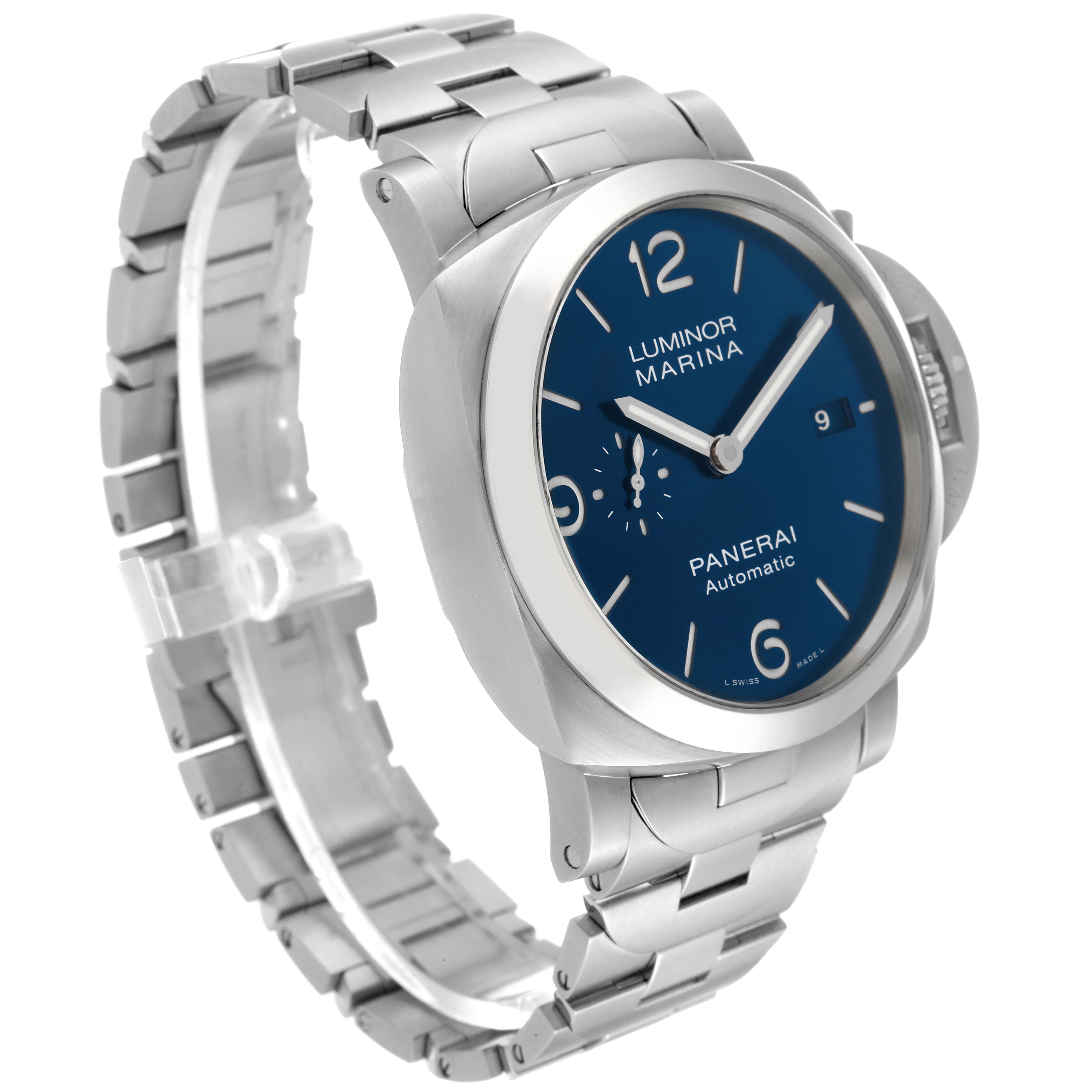 The image displays a Panerai Luminor PAM01316 Men's Stainless Steel Blue Dial PAM01316 Men's Stainless Steel Blue Dial Marina watch from an angled front view, showing its face, bezel, and metal strap.