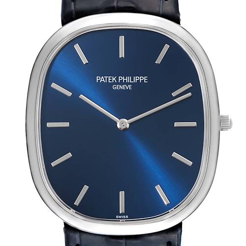 This is a front view of the Patek Philippe Golden Ellipse 5738P-001 Men's Platinum Blue Dial 5738P-001 Men's Platinum Blue Dial watch, showing the dial, hands, case, and part of the strap.