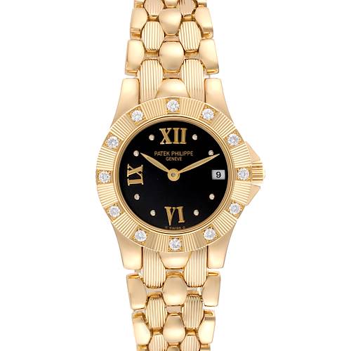 The image shows a front view of the Patek Philippe Neptune 4881 Women's Yellow Gold Black Dial 4881 Women's Yellow Gold Black Dial model watch, highlighting its gold bracelet, black dial, and diamond-studded bezel.