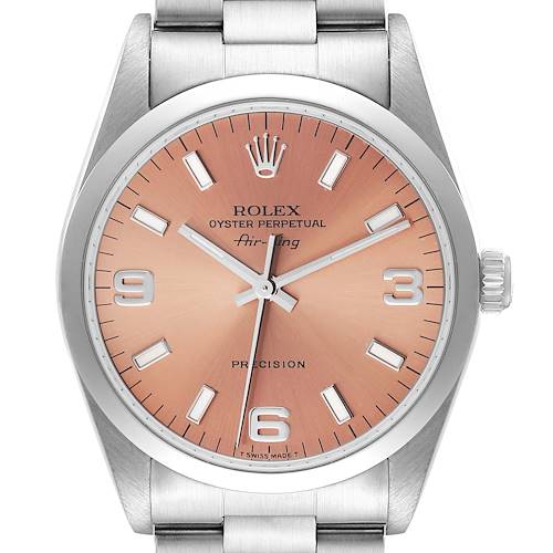 The image shows a front view of a Rolex Air-King 14000 Men's Stainless Steel Pink Dial 14000 Men's Stainless Steel Pink Dial watch, highlighting its peach dial, hour markers, and metal bracelet.