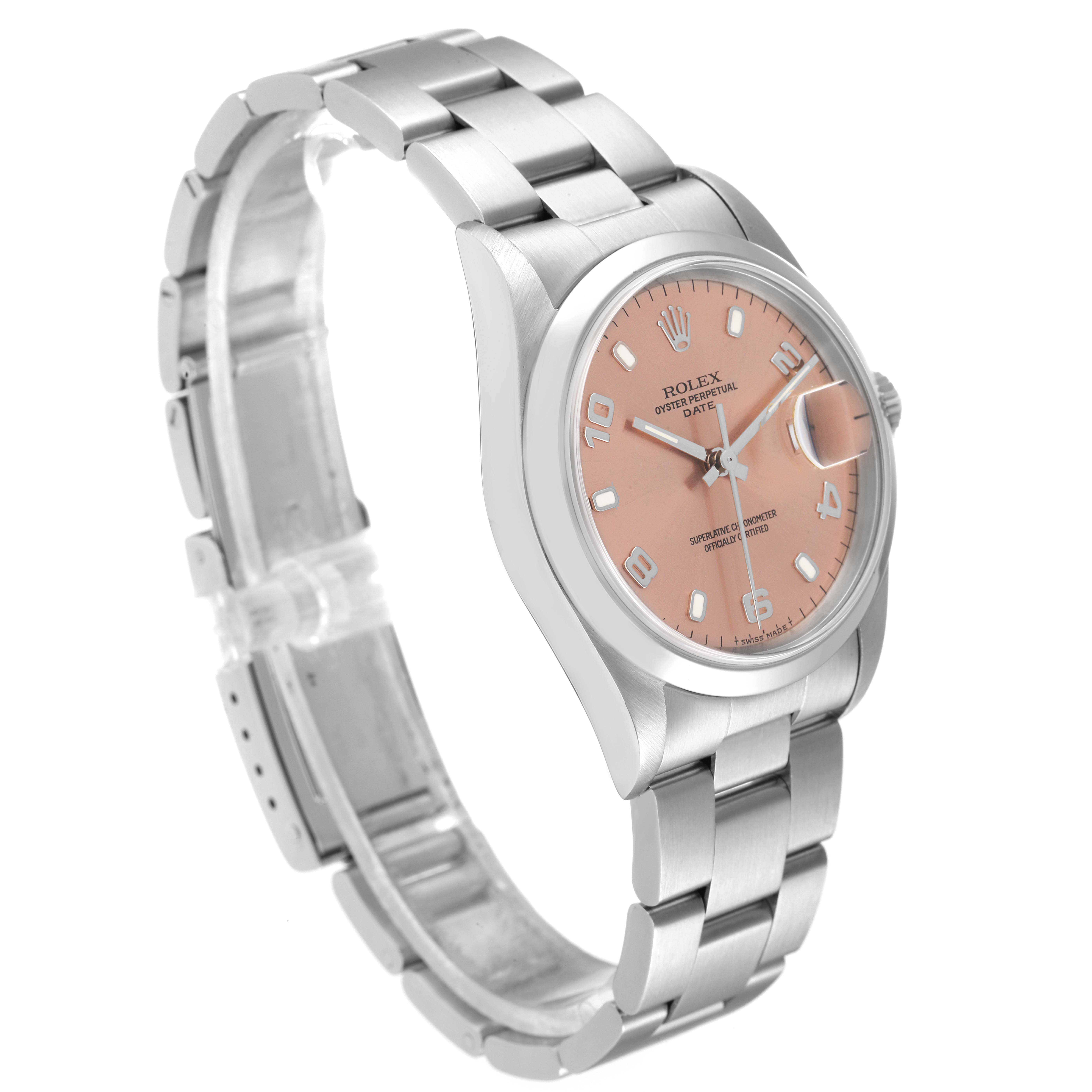 The image shows a side angle of a Rolex Date 15200 Men's Stainless Steel Pink Dial 15200 Men's Stainless Steel Pink Dial model watch, highlighting its pink dial, bezel, and metal bracelet.