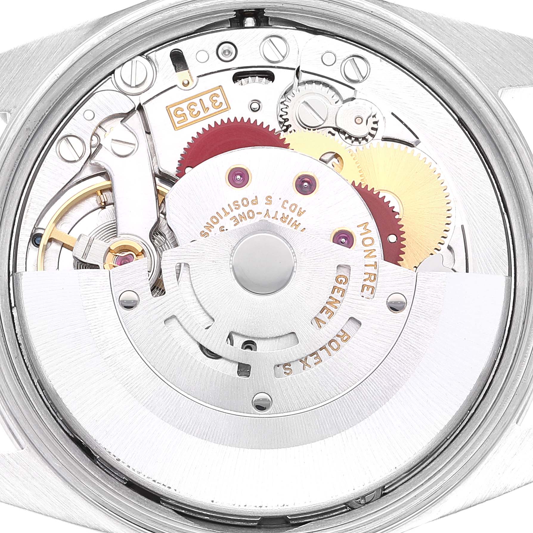 This image shows the internal movement mechanism of a Rolex Date 15200 Men's Stainless Steel Pink Dial 15200 Men's Stainless Steel Pink Dial model watch viewed from a top angle.