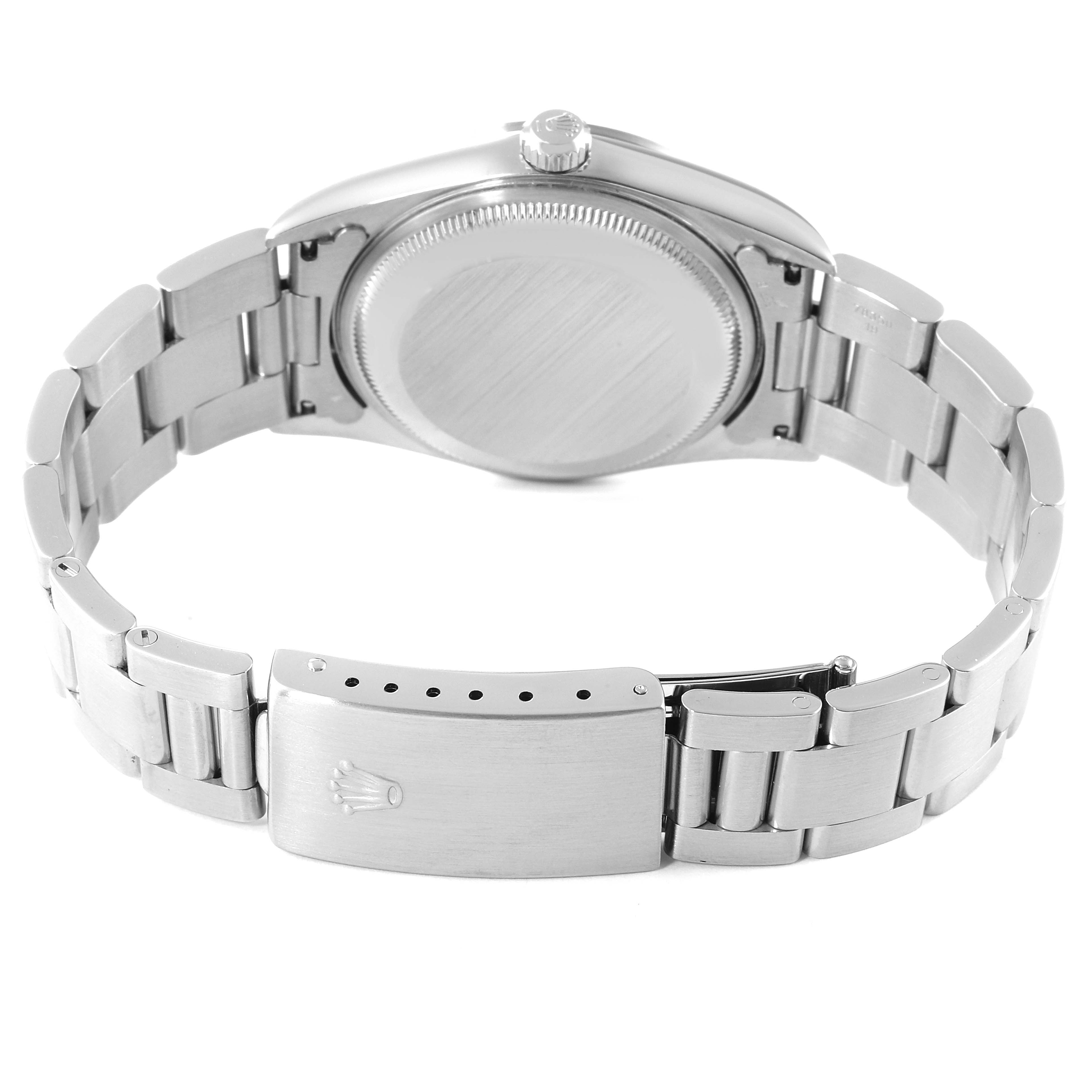 The image shows the back view of a Rolex Date 15200 Men's Stainless Steel Pink Dial 15200 Men's Stainless Steel Pink Dial model watch, focusing on the caseback, crown, and clasp.