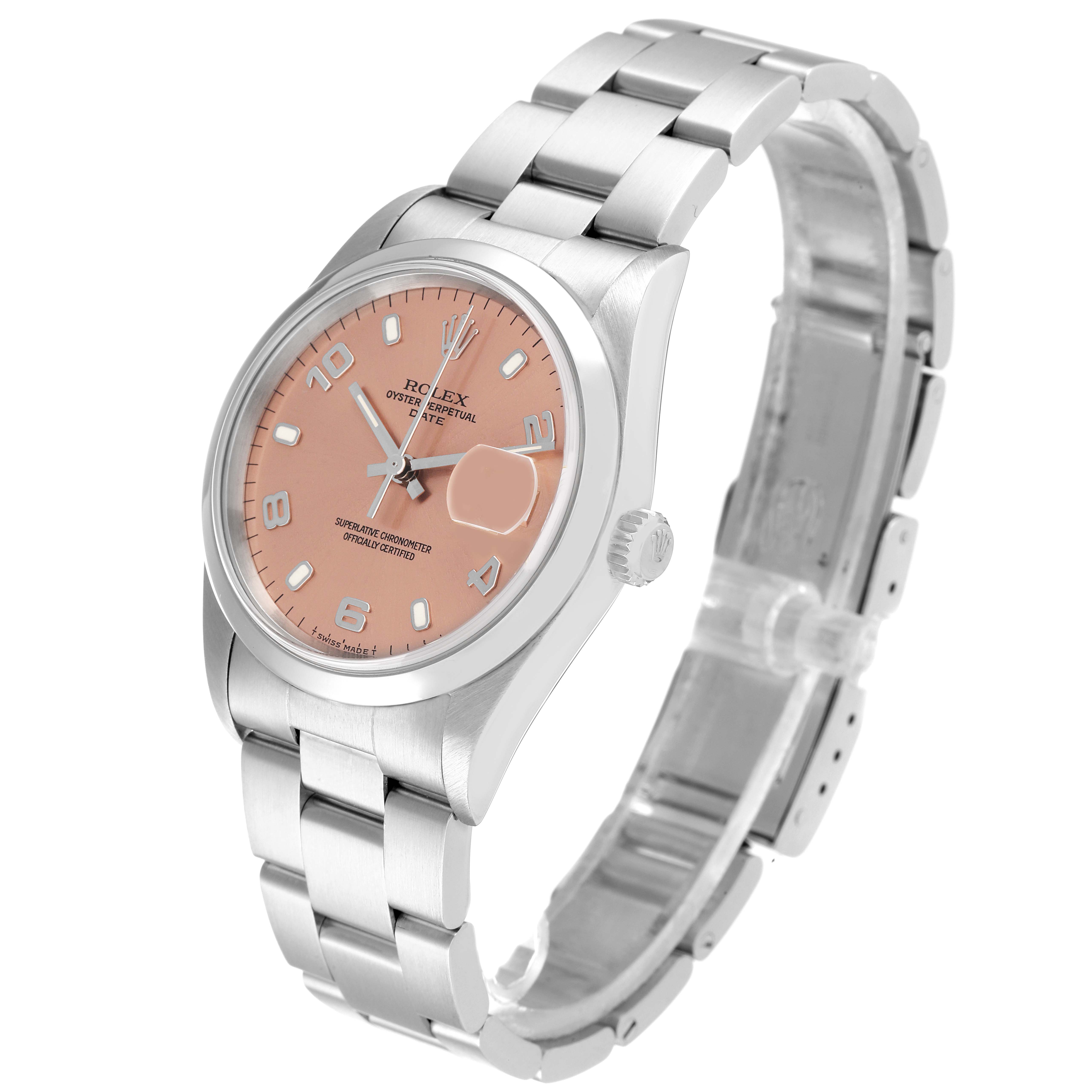 This image shows a side angle view of the Rolex Date 15200 Men's Stainless Steel Pink Dial 15200 Men's Stainless Steel Pink Dial model watch, featuring a pink dial, and stainless steel bracelet.