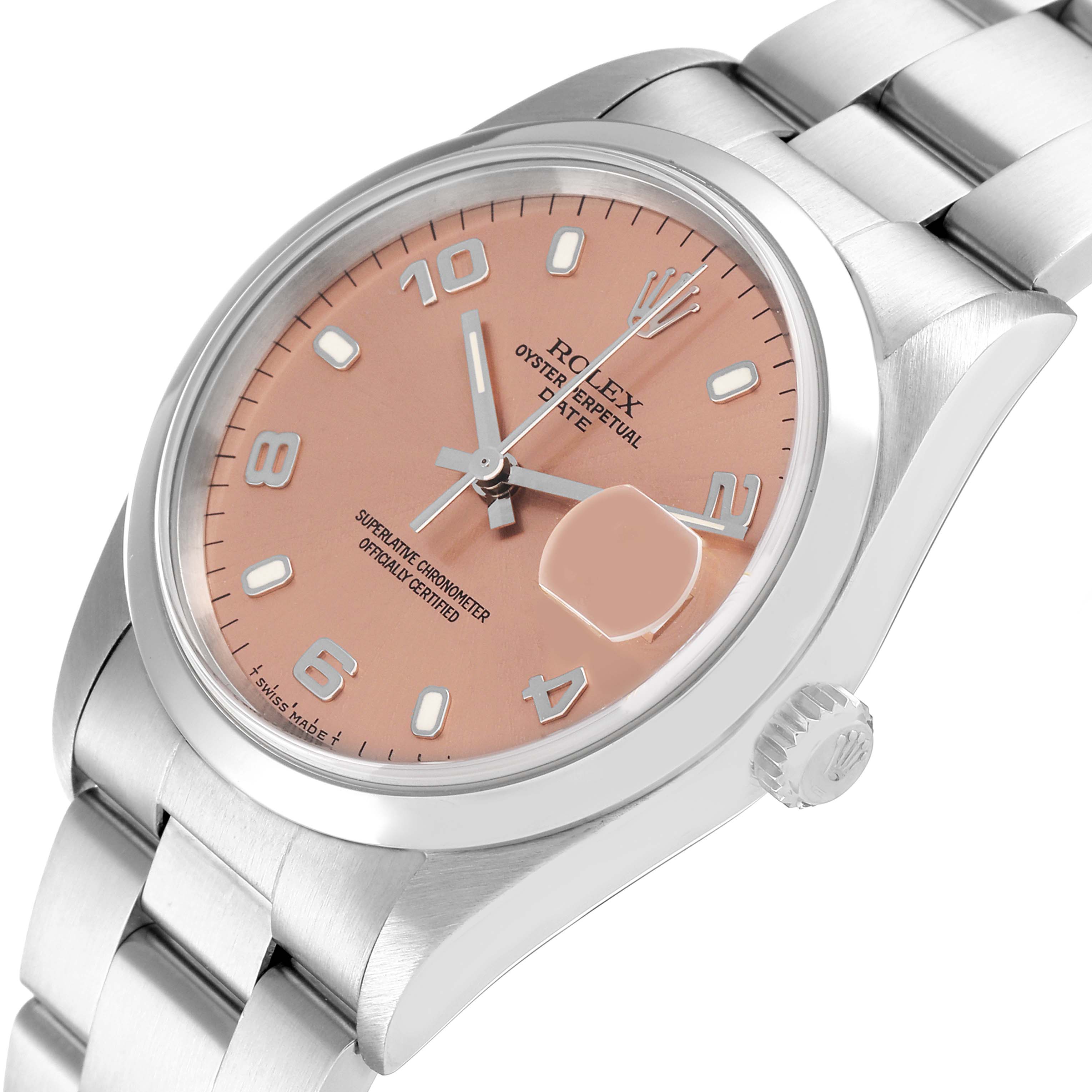 The image shows a close-up angled view of a Rolex Oyster Perpetual Date watch, highlighting its dial, bezel, crown, and part of the bracelet.