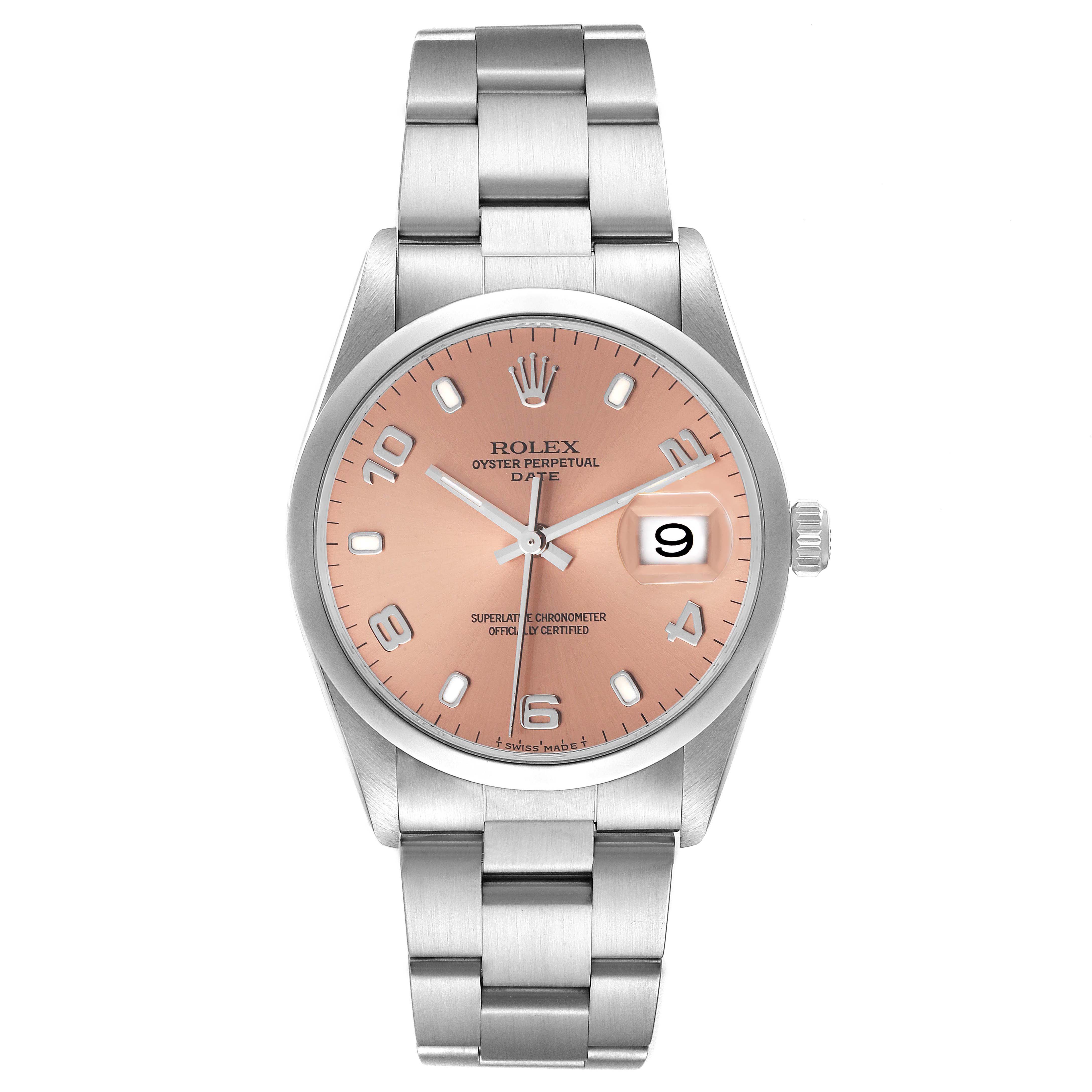 This image shows a frontal view of a Rolex Date 15200 Men's Stainless Steel Pink Dial 15200 Men's Stainless Steel Pink Dial model watch, featuring its dial, bracelet, and date display.