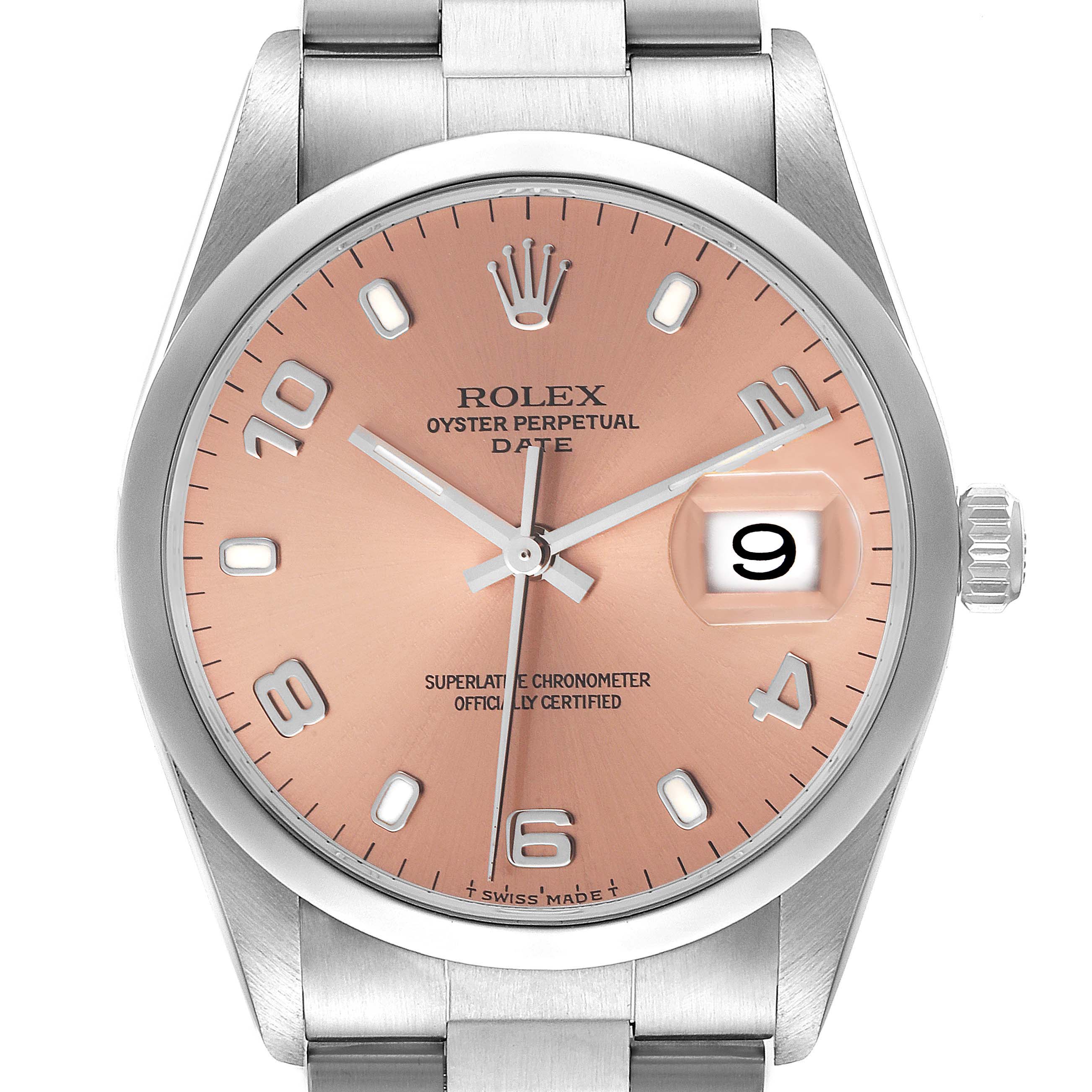 The image shows a front view of the Rolex Date 15200 Men's Stainless Steel Pink Dial 15200 Men's Stainless Steel Pink Dial model watch, highlighting its face, dial, hands, and part of the bracelet.